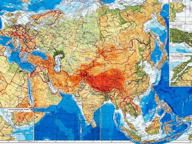 Карта Азии со странами крупно на русском со столицами географическая, контурная в цвете. Границы стран, характеристики